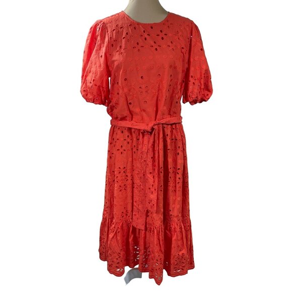 Ann Taylor Dresses & Skirts - Ann Taylor Midi Dress Orange Red Eyelet Short Sleeve Size 12 Tiered Hem
